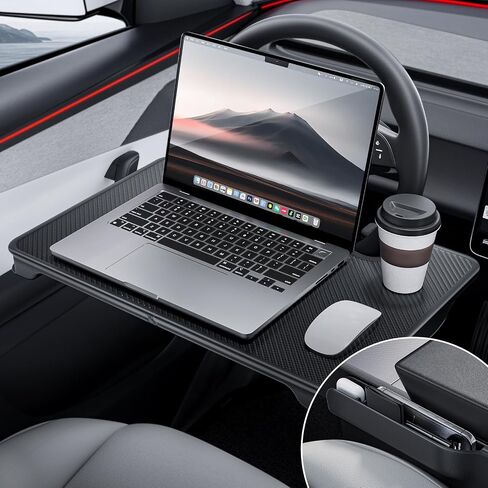 YONZEE 2-in-1 Car Steering Wheel Desk Tray & Car Seat Gap Filler Organizer – Foldable Carbon Fiber Look Table for Laptop, Eating, Writing – Universal Fit for Most Vehicles in Kuwait