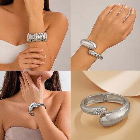 CJIAYUJEW 3Pcs Big Chunky Gold Bangle for Women Silver Cuff Wide Bracelet Trendy Teardrop Wire Irregular Minimalist Jewelry in Saudi Arabia