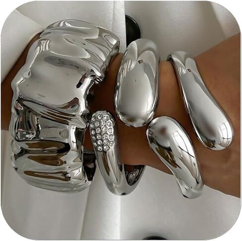 CJIAYUJEW 3Pcs Big Chunky Gold Bangle for Women Silver Cuff Wide Bracelet Trendy Teardrop Wire Irregular Minimalist Jewelry in Saudi Arabia