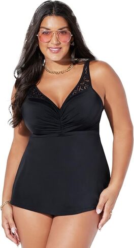 Swimsuits For All Women's Plus Size V Neck Crochet Relaxed Fit Bra Sized Crochet Underwire Tankini Top with Adjustable Straps in Saudi Arabia