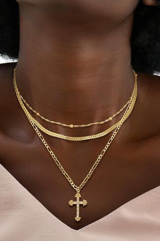 قلادة ذهبية من أجل النساء 14 كيلو الذهب/الفضة مطلي الطبقات الطبقات قابلة للتكديس قلادة متقاطعة مكدسة قلادة لؤلؤة متعرج سلسلة مكدسة غول in Kuwait