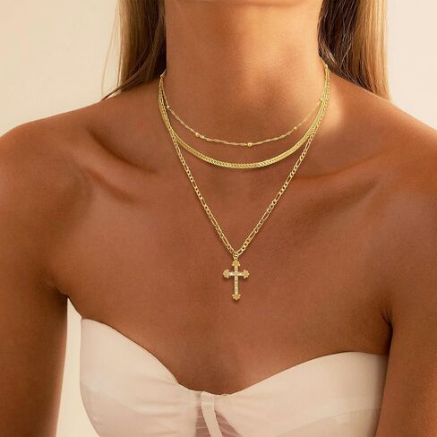 قلادة ذهبية من أجل النساء 14 كيلو الذهب/الفضة مطلي الطبقات الطبقات قابلة للتكديس قلادة متقاطعة مكدسة قلادة لؤلؤة متعرج سلسلة مكدسة غول in Kuwait