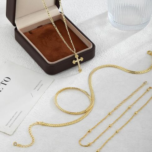 قلادة ذهبية من أجل النساء 14 كيلو الذهب/الفضة مطلي الطبقات الطبقات قابلة للتكديس قلادة متقاطعة مكدسة قلادة لؤلؤة متعرج سلسلة مكدسة غول in Kuwait