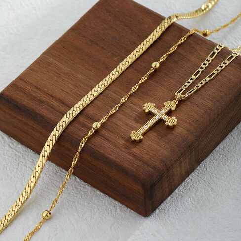 قلادة ذهبية من أجل النساء 14 كيلو الذهب/الفضة مطلي الطبقات الطبقات قابلة للتكديس قلادة متقاطعة مكدسة قلادة لؤلؤة متعرج سلسلة مكدسة غول in Kuwait