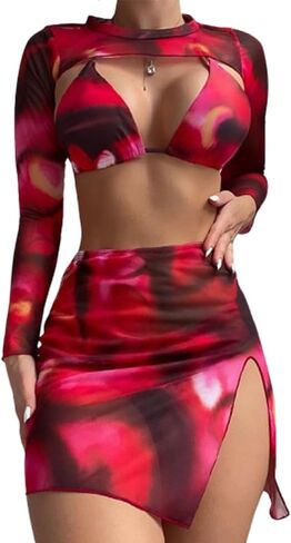 Womens 4 Piece Bikini Sets with Long Sleeve Cover Ups Swimming Costume Tie dye Bikini Tops & High Waist Buttom in Kuwait
