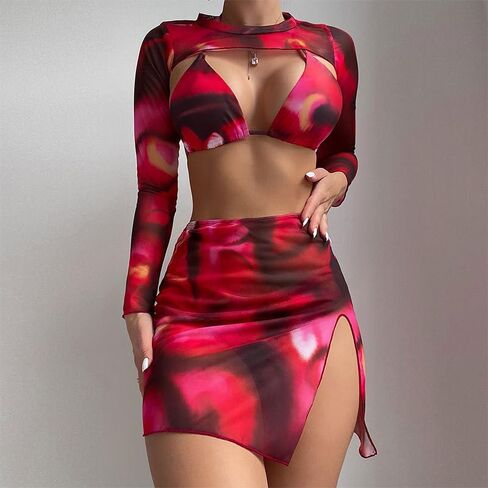 Womens 4 Piece Bikini Sets with Long Sleeve Cover Ups Swimming Costume Tie dye Bikini Tops & High Waist Buttom in Kuwait
