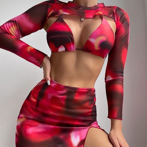 Womens 4 Piece Bikini Sets with Long Sleeve Cover Ups Swimming Costume Tie dye Bikini Tops & High Waist Buttom in Kuwait