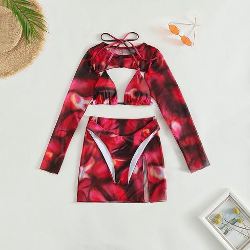 Womens 4 Piece Bikini Sets with Long Sleeve Cover Ups Swimming Costume Tie dye Bikini Tops & High Waist Buttom in Kuwait
