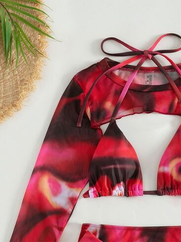 Womens 4 Piece Bikini Sets with Long Sleeve Cover Ups Swimming Costume Tie dye Bikini Tops & High Waist Buttom in Kuwait