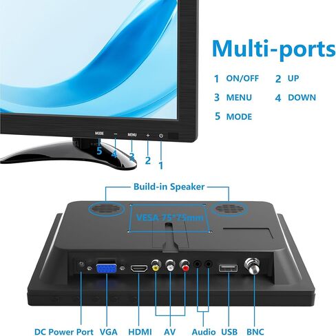 شاشة صغيرة 10.1 بوصة (1920 × 1200) IPS 178 درجة زاوية عرض تدعم HDMI VGA AV BNC مدخل USB للكمبيوتر المحمول، مكبر صوت مدمج بشاشة المطبخ، قابل للتركيب على VESA، جهاز تحكم عن بعد in Kuwait