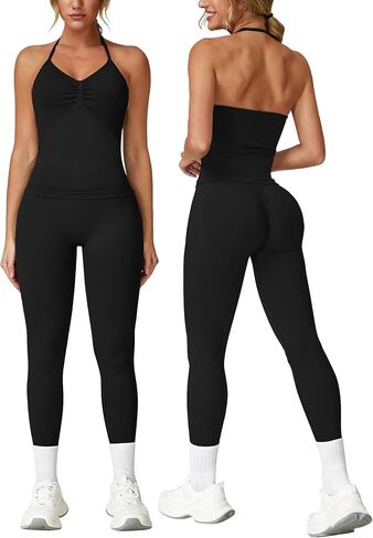 ABOCIW Workout Sets for Women Seamless Scunch Butt Lifting Impact Leggings Longline Strappy Top 2 Piece Gym Outfits in Kuwait