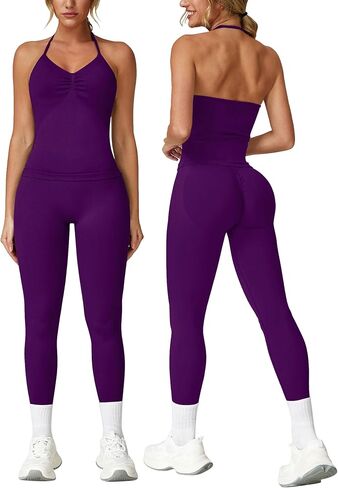 ABOCIW Workout Sets for Women Seamless Scunch Butt Lifting Impact Leggings Longline Strappy Top 2 Piece Gym Outfits in Kuwait