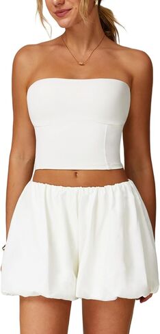 ABOCIW Womens Summer 2 Piece Outfits Y2k Crop Tube Tops Built in Bra Bubble Shorts Workout Sets Tracksuit in Saudi Arabia