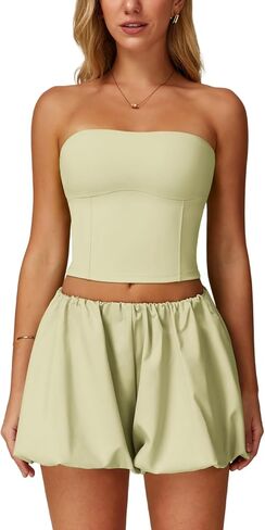 ABOCIW Womens Summer 2 Piece Outfits Y2k Crop Tube Tops Built in Bra Bubble Shorts Workout Sets Tracksuit in Saudi Arabia