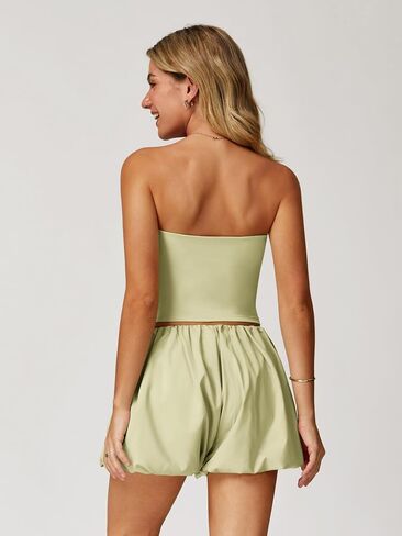 ABOCIW Womens Summer 2 Piece Outfits Y2k Crop Tube Tops Built in Bra Bubble Shorts Workout Sets Tracksuit in Saudi Arabia