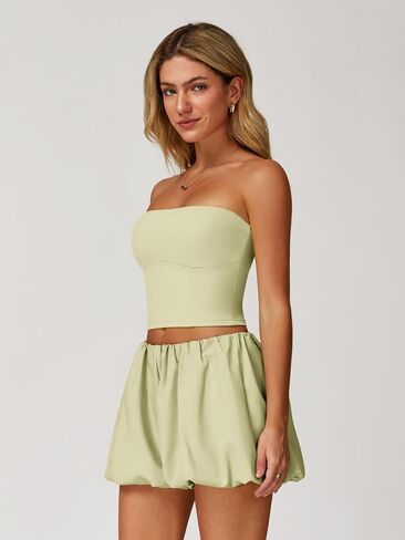 ABOCIW Womens Summer 2 Piece Outfits Y2k Crop Tube Tops Built in Bra Bubble Shorts Workout Sets Tracksuit in Saudi Arabia