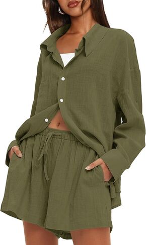 Darong Women's Summer 2 Piece Outfit Sets Long Sleeve Button Down Shirts Matching Short Sets Beach Vacation Lounge Set in Saudi Arabia