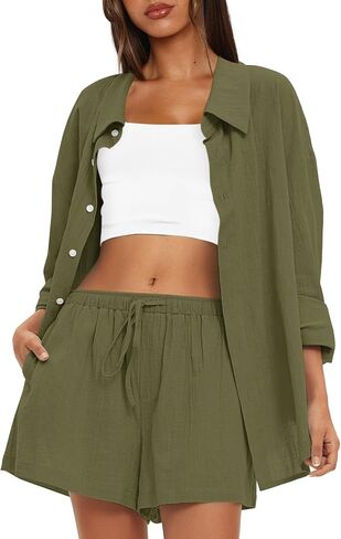 Darong Women's Summer 2 Piece Outfit Sets Long Sleeve Button Down Shirts Matching Short Sets Beach Vacation Lounge Set in Saudi Arabia