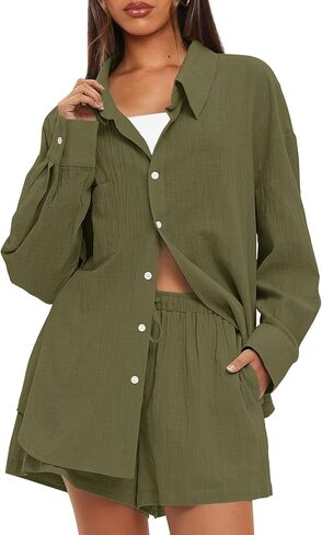 Darong Women's Summer 2 Piece Outfit Sets Long Sleeve Button Down Shirts Matching Short Sets Beach Vacation Lounge Set in Saudi Arabia