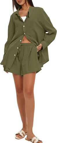 Darong Women's Summer 2 Piece Outfit Sets Long Sleeve Button Down Shirts Matching Short Sets Beach Vacation Lounge Set in Saudi Arabia