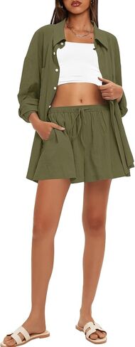 Darong Women's Summer 2 Piece Outfit Sets Long Sleeve Button Down Shirts Matching Short Sets Beach Vacation Lounge Set in Saudi Arabia