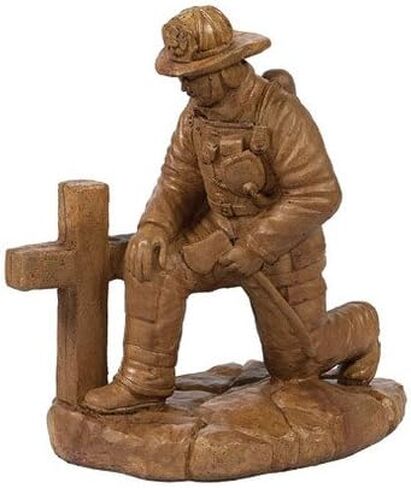 Solid Rock Stoneworks Kneeling Fireman at Cross Stone Statue 19in Tall Autumn Wheat Color in Saudi Arabia