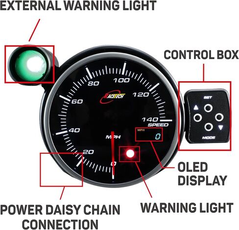RACETECH Electrical 115MM Tachometer 0-10000RPM White & Amber RED & Blue LED Display with Warning & Peak(W/Outside Shift-Light & Control Box) with OLED Display in Kuwait
