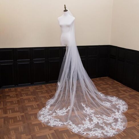 Wedding Veil Flower Lace Bridal Veil with Metal Comb,Cathedral Length Bride Veil 1 Tier Long Veil for Bride Dress in Kuwait