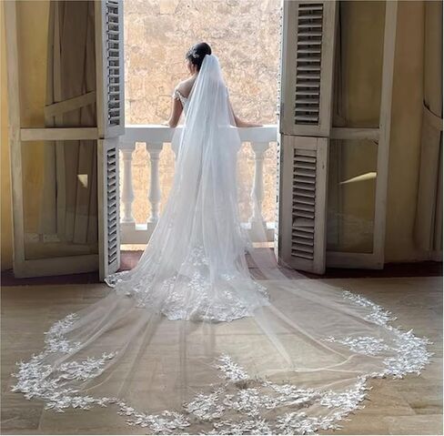 Wedding Veil Flower Lace Bridal Veil with Metal Comb,Cathedral Length Bride Veil 1 Tier Long Veil for Bride Dress in Kuwait