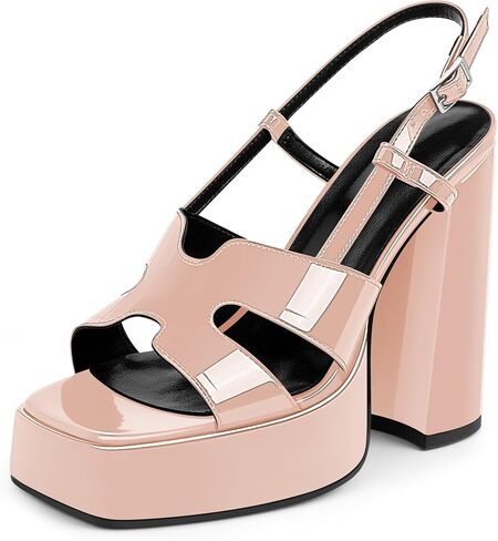 Women's Black Patent Leather Chunky Heel Strappy Platform Sandals - Stylish & Comfortable High Heels for Summer in Saudi Arabia