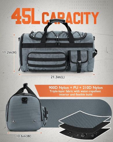 حقيبة Duffel 45L للرجال ، 3 في 1 قابلة للتحويل ، قم بتكليف صالة ألعاب رياضية مع مقصورة للأحذية ، وحلقات ترس تكتيكية ، وبطانة مائية ، والتمرين والسفر (الأسود) in Saudi Arabia