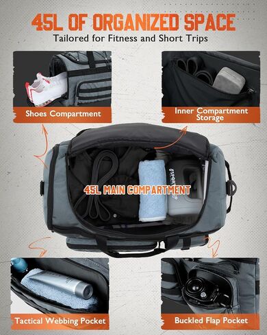 حقيبة Duffel 45L للرجال ، 3 في 1 قابلة للتحويل ، قم بتكليف صالة ألعاب رياضية مع مقصورة للأحذية ، وحلقات ترس تكتيكية ، وبطانة مائية ، والتمرين والسفر (الأسود) in Saudi Arabia