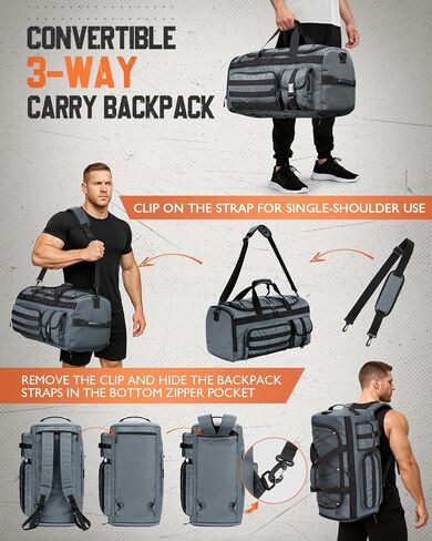 حقيبة Duffel 45L للرجال ، 3 في 1 قابلة للتحويل ، قم بتكليف صالة ألعاب رياضية مع مقصورة للأحذية ، وحلقات ترس تكتيكية ، وبطانة مائية ، والتمرين والسفر (الأسود) in Saudi Arabia