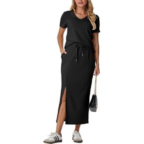 GRECERELLE Women Summer Casual 2 Piece Sets V-Neck Wrinkle-Free Top & Elastic Waist Midi Side Slit Skirt with Pockets(XS-3XL) in Kuwait