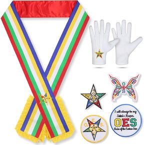 Masonic Order Of Eastern Star Premium Sash With Red Satin and foam lining for Perfect Adjustment And Free OES Star Embroidered Cotton Gloves With 4 Iron On Patches in Saudi Arabia