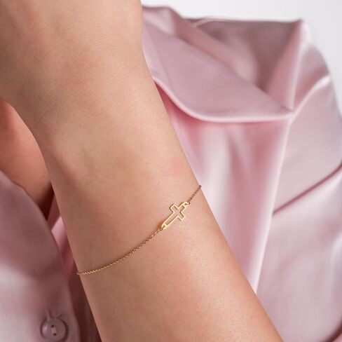 14k Solid Gold Cross Bracelet for Women, Bracelets, Real Gold Sideways Adjustable Cross Bracelet for Women, Christian Baptism Gift for Her in Saudi Arabia