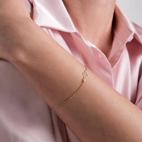 14k Solid Gold Cross Bracelet for Women, Bracelets, Real Gold Sideways Adjustable Cross Bracelet for Women, Christian Baptism Gift for Her in Saudi Arabia