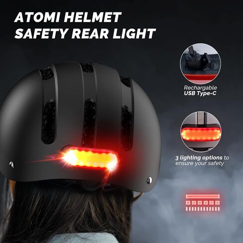 Atomi Bike Helmet - Rechargeable Back LED Helmet Light - CPSC Certified Bicycle Helmet - Electric Scooter Helmets for Adults with Adjustable Strap - Bright Lights Get Noticed in Saudi Arabia