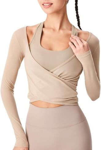 Harssidanzar Yoga Two-piece Set Long Sleeve for Women Mesh Gym Athletic Tops Workout Shirts with Sports Bra CL306US in Saudi Arabia