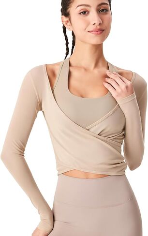 Harssidanzar Yoga Two-piece Set Long Sleeve for Women Mesh Gym Athletic Tops Workout Shirts with Sports Bra CL306US in Saudi Arabia