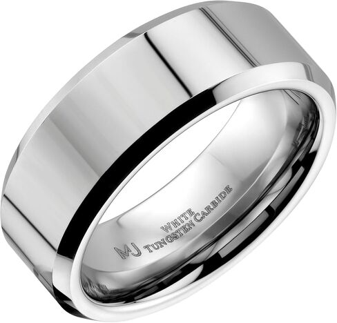 Custom Engraved White Tungsten Carbide Mirror Polished Finish Center Beveled Edge 6mm or 8mm Wedding Ring in Kuwait