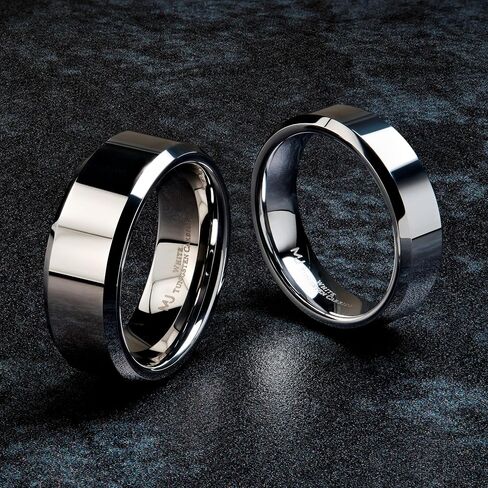 Custom Engraved White Tungsten Carbide Mirror Polished Finish Center Beveled Edge 6mm or 8mm Wedding Ring in Kuwait
