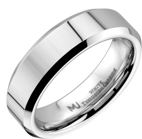 Custom Engraved White Tungsten Carbide Mirror Polished Finish Center Beveled Edge 6mm or 8mm Wedding Ring in Kuwait
