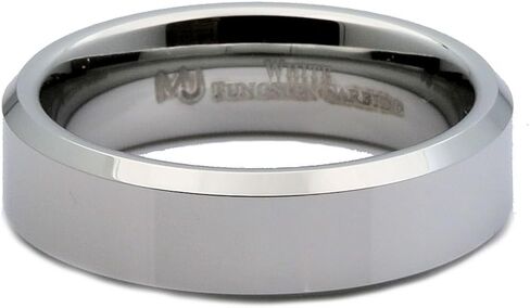Custom Engraved White Tungsten Carbide Mirror Polished Finish Center Beveled Edge 6mm or 8mm Wedding Ring in Kuwait