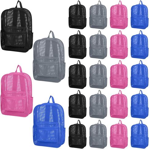 24 Pack Mesh Backpack bulk for School Heavy Duty See Through Mesh Bookbags for Girls Boys Adults Students Beach (Classic Colors) in Kuwait