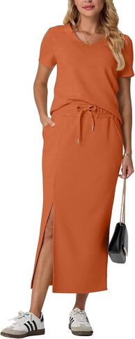 Grecerelle Women Summer Casual 2 قطعة مجموعات V-te-te-the Trouble Top & Lixt Jeist Midi Side Skirt مع جيوب (XS-3XL) in Kuwait