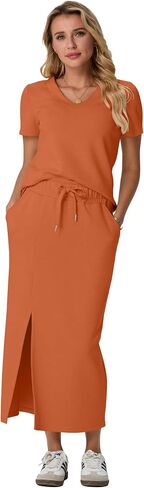 Grecerelle Women Summer Casual 2 قطعة مجموعات V-te-te-the Trouble Top & Lixt Jeist Midi Side Skirt مع جيوب (XS-3XL) in Kuwait
