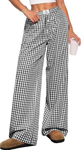 ANRABESS Womens Striped Gingham Pants 2025 Pajama Lounge Boxer Pants Cute PJ Bottoms Casual Wide Leg Trousers with Pockets in Kuwait
