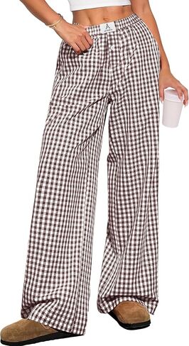 ANRABESS Womens Striped Gingham Pants 2025 Pajama Lounge Boxer Pants Cute PJ Bottoms Casual Wide Leg Trousers with Pockets in Kuwait