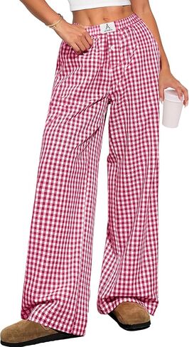 ANRABESS Womens Striped Gingham Pants 2025 Pajama Lounge Boxer Pants Cute PJ Bottoms Casual Wide Leg Trousers with Pockets in Kuwait